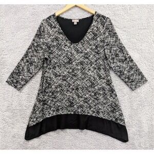 J Jill Wearever Top Shirt Tunic Medium Black White Geometric 3/4 Sleeve Blouse